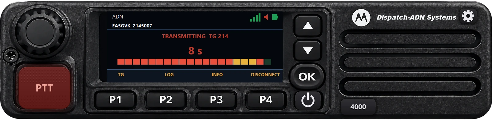 DMR Dispatch con el aspecto de una Motorola DM2600 transmitiendo al TG 214